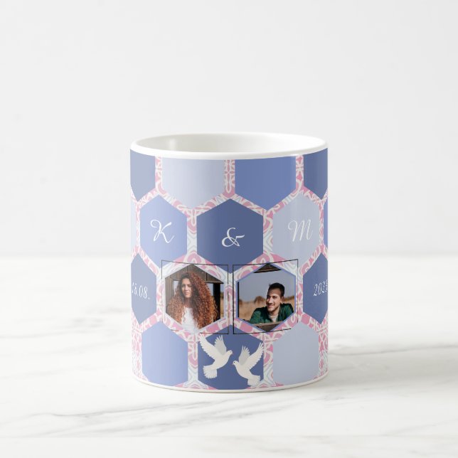 Honeycomb Abstract Pattern | Couple Photo and Text Coffee Mug (Center)