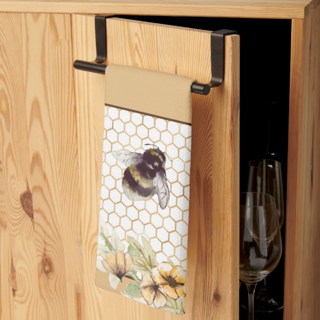 Honeycomb and bee floral kitchen towel (Thirds Fold)