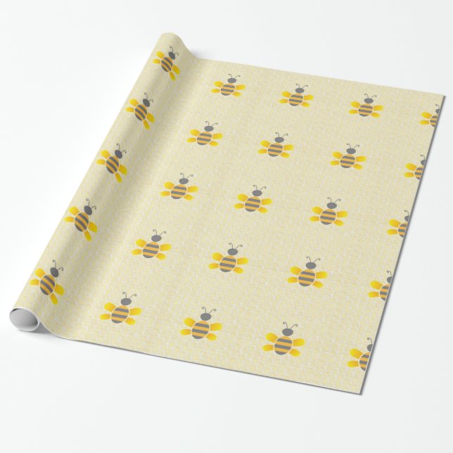 Honeycomb and Bumble Bee Yellow & Gray Gift Wrap (Unrolled)