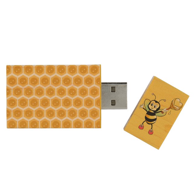 Honeycomb and cute bumble bee wood flash drive (Opened)