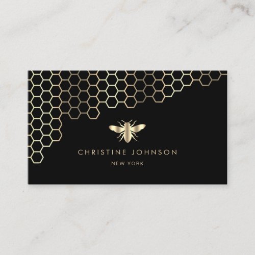 honeycomb and faux gold foil bee  on black business card