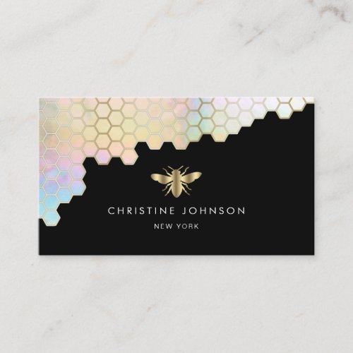 honeycomb and faux gold foil bee on black business card