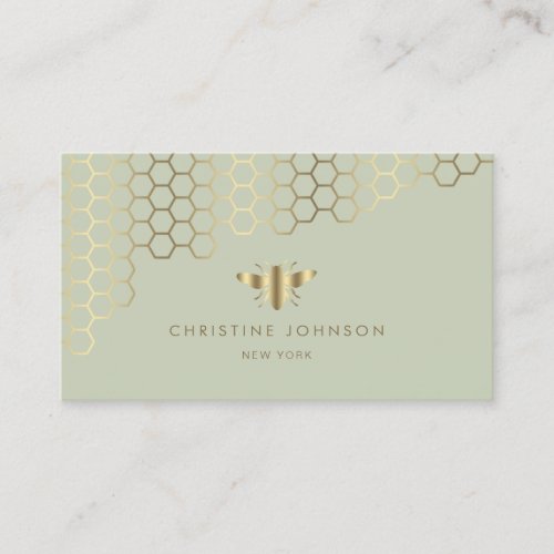 honeycomb and faux gold foil bee on sage green business card