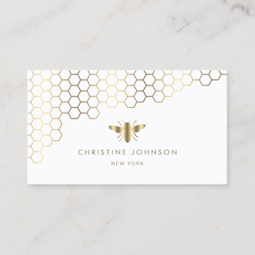 honeycomb and faux gold foil bee on white business card