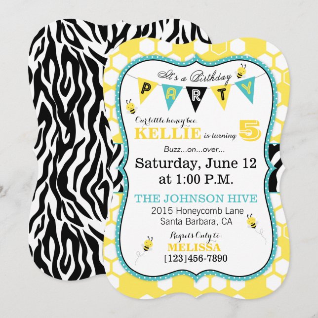 Honeycomb Animal Print Bee Birthday Invite (Front/Back)