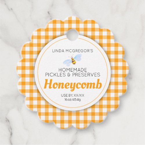 Honeycomb bee art honey orange gingham packaging favor tags