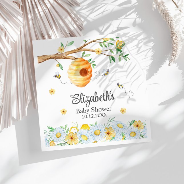 Honeycomb Bee Chamomile Baby Shower  Napkins (Honeycomb Bee Chamomile Baby Shower Napkins on a white sunny table.)