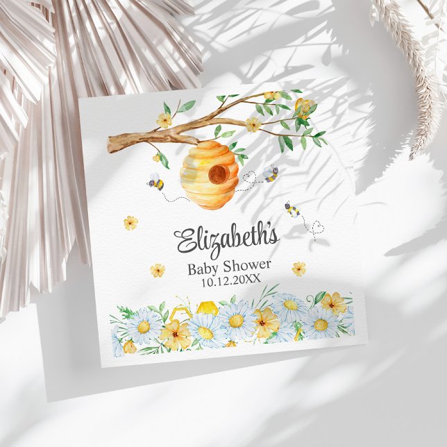Honeycomb Bee Chamomile Baby Shower  Napkins (Honeycomb Bee Chamomile Baby Shower Napkins on a sunny boho white table.)