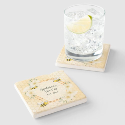 Honeycomb bee floral yellow monogram stone coaster