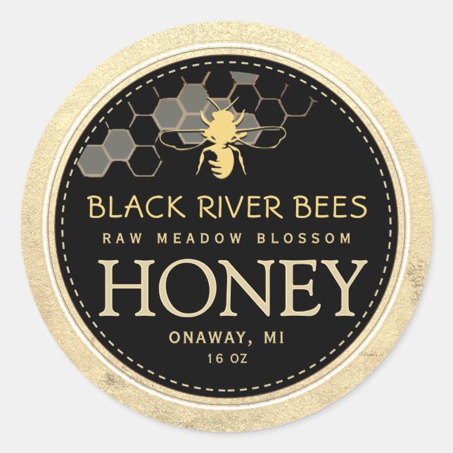 Honeycomb & Bee Raw Honey Iridescent Yellow Border Classic Round Sticker (Front)