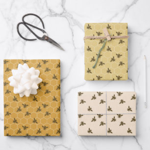 Honeycomb Bees Golden Amber Colors Wrapping Paper Sheets