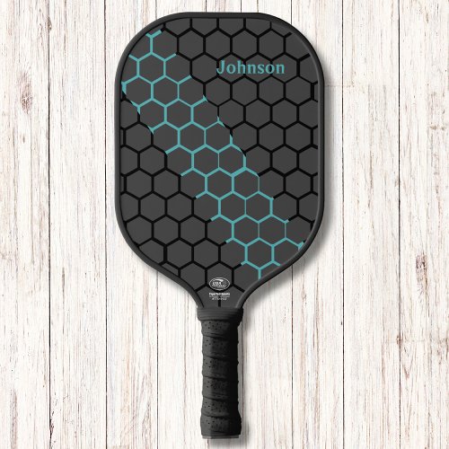 Honeycomb Blue and Black Modern Monogram   Pickleball Paddle