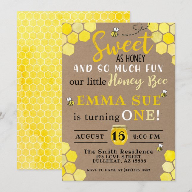 Honeycomb Bumble Bee 1st Birthday Invitation (Front/Back)