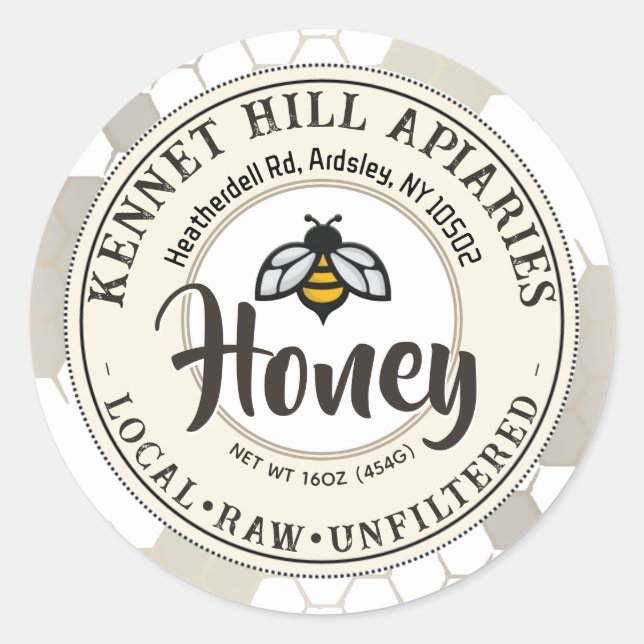 Honeycomb & Cute Bee Raw Honey Label Ivory (Front)