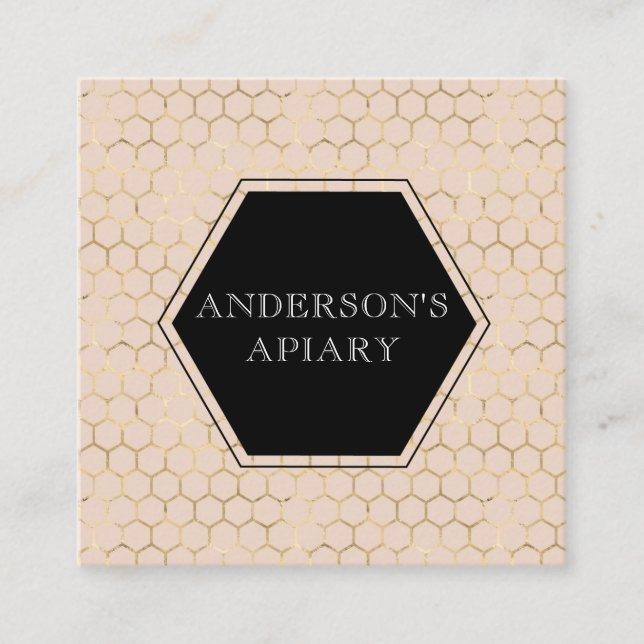 honeycomb faux gold foil apiary square business card (Front)