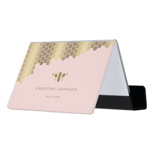 honeycomb faux gold foil bee desk business card holder