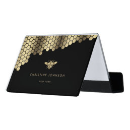 honeycomb faux gold foil bee logo desk business card holder