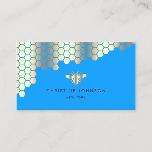 honeycomb faux gold foil bee on neon blue business card