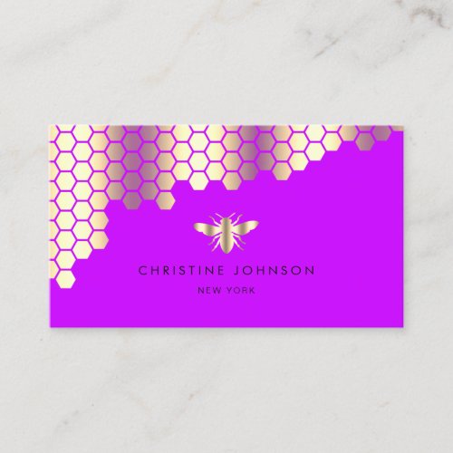 honeycomb faux gold foil bee on neon purple business card
