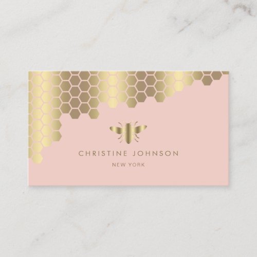 honeycomb faux gold foil bee on pink blush business card