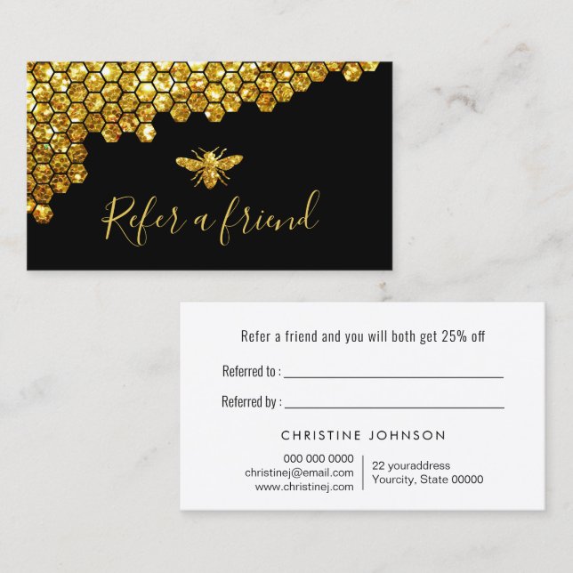honeycomb faux gold glitter bee referral card (Front/Back)