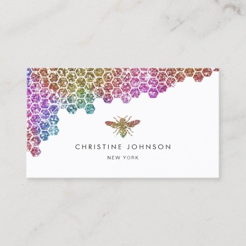 honeycomb faux rainbow glitter bee business card