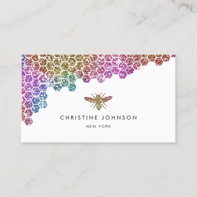 honeycomb faux rainbow glitter bee business card (Front)