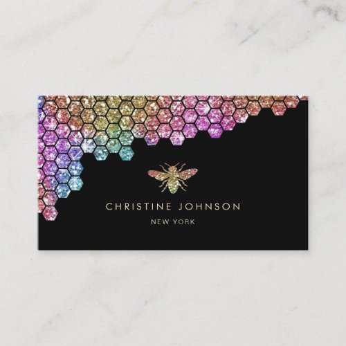 honeycomb faux rainbow glitter bee on black business card