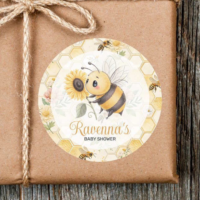 Honeycomb Floral Bee Custom Name Baby Shower Classic Round Sticker (Creator Uploaded)