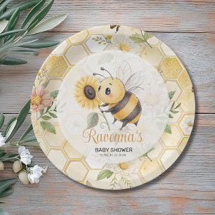 Honeycomb Floral Bee Custom Name Baby Shower Paper Plates