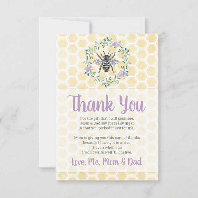 honeycomb girl mommy to bee theme flat baby shower thank you card (Front)