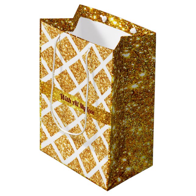 Honeycomb Gold Glitter Boho Popular Collection Medium Gift Bag (Front Angled)