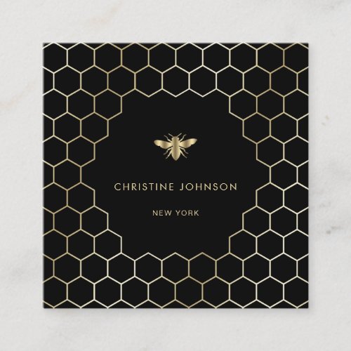 honeycomb hexagons bee on black square business card
