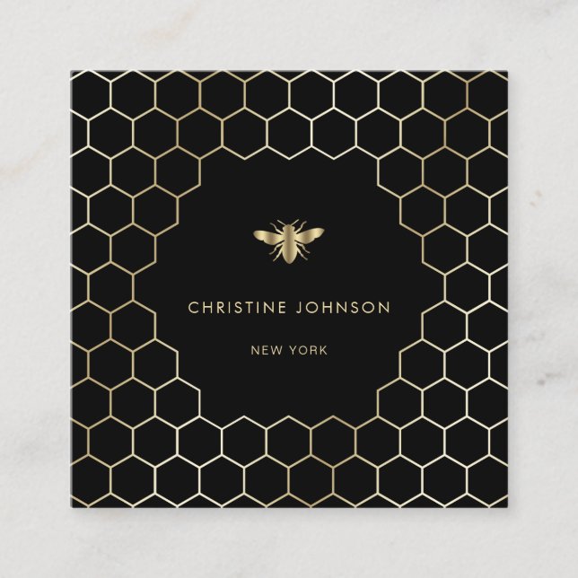 honeycomb hexagons bee on black square business card (Front)