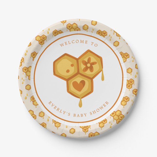 Honeycomb Honey Bee Cute Baby Shower Paper Plates (Front)