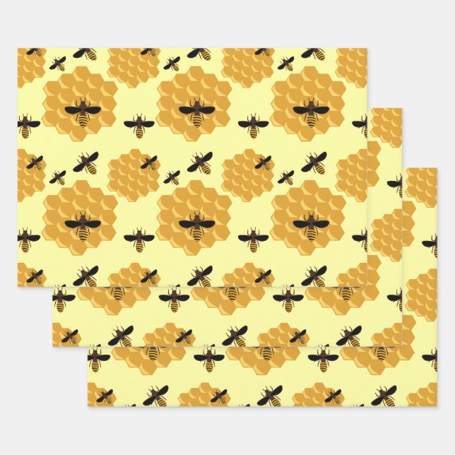 Honeycomb Honey Bees Insect Lover Yellow Beekeeper Wrapping Paper Sheets (Set)