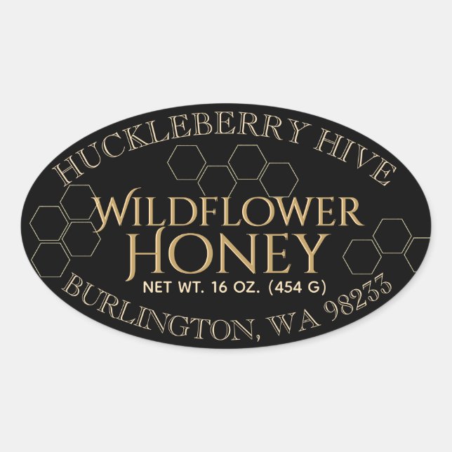 Honeycomb Honey Black Gold Oval Honey Label (Front)