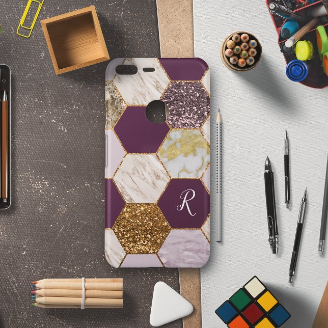 Honeycomb Marble and Glitter Monogram Uncommon Google Pixel XL Case (Creator Uploaded)