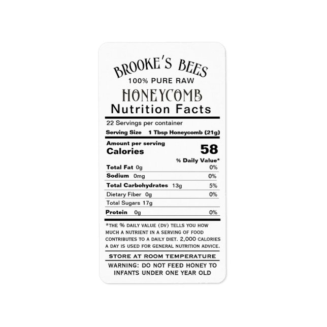 Honeycomb Nutrition Facts Infant Warning & Storage Label (Front)