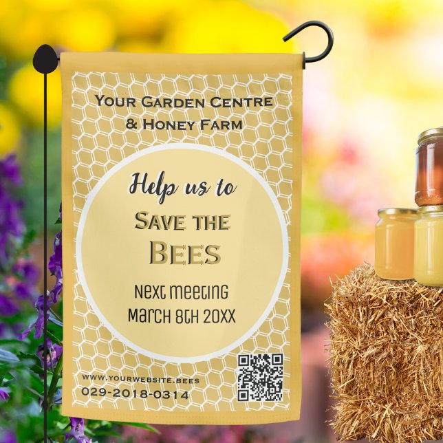 Honeycomb Personalized Outdoor Decor QR Code Garden Flag (A garden flag with honeycomb design, to customize with your own message. Ideal for nature themes)