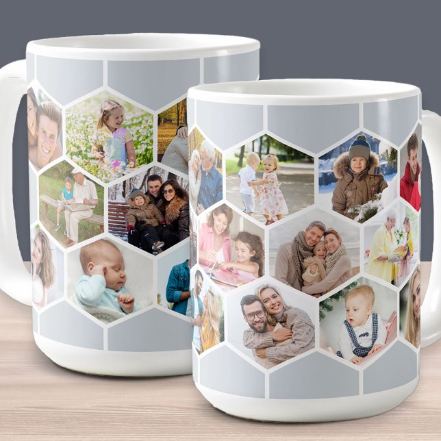 Honeycomb Photo Collage 17 Pic Silver Grey 15oz Coffee Mug (Honeycomb geometric hexagon shape photo mug with 17 pictures in silver grey)