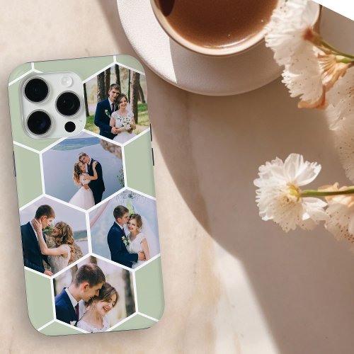 Honeycomb Photo Collage 5 Picture Sage Green iPhone 15 Pro Max Case