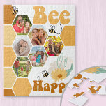 Honeycomb Photo Collage Bee Happy Kids Jigsaw Puzzle<br><div class="desc">Fun and Cheerful,  custom photo puzzle for kids. The photo template is set up for you to add 6 of your favorite pictures which will automatically form part of the honeycomb pattern. The cute design features bumble bees,  flowers,  love hearts and retro lettering for the saying "bee happy".</div>
