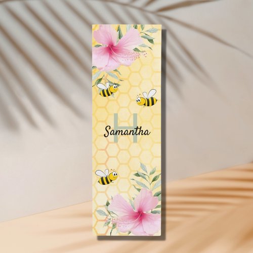 Honeycomb pink florals bumble bees name monogram yoga mat