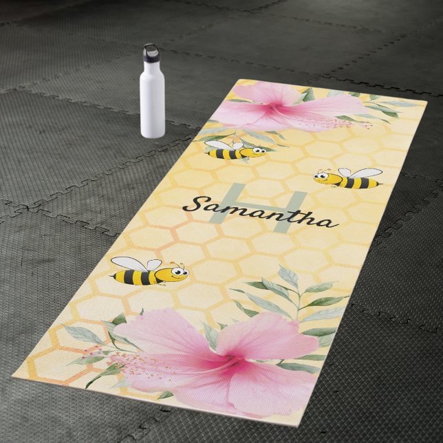 Honeycomb pink florals bumble bees name monogram yoga mat (Creator Uploaded)