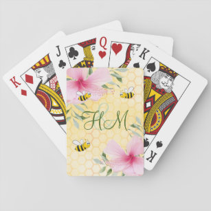 Honeycomb pink flowers bees monogram playing cards