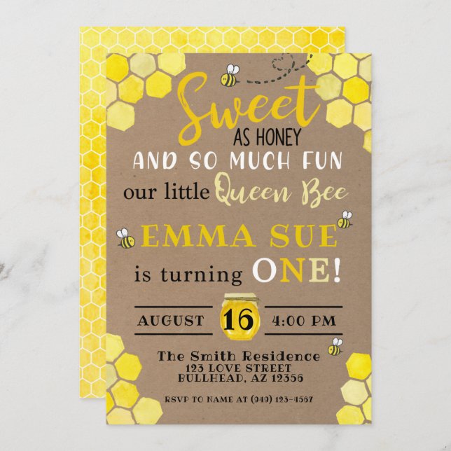 Honeycomb Queen Bee 1st Birthday Invitation (Front/Back)