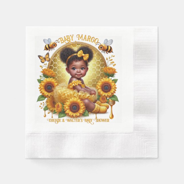 Honeycomb & Sunflowers Cute Afro Puff Baby Girl Napkins (Front)