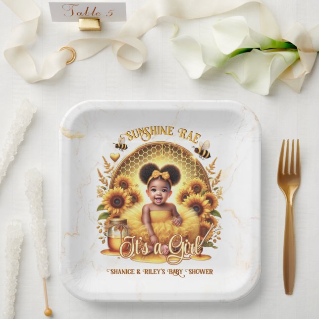 Honeycomb & Sunflowers Cute Afro Puff Baby Girl Paper Plates (Wedding)