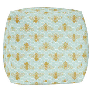Honeycomb Teal and Bees Pouf